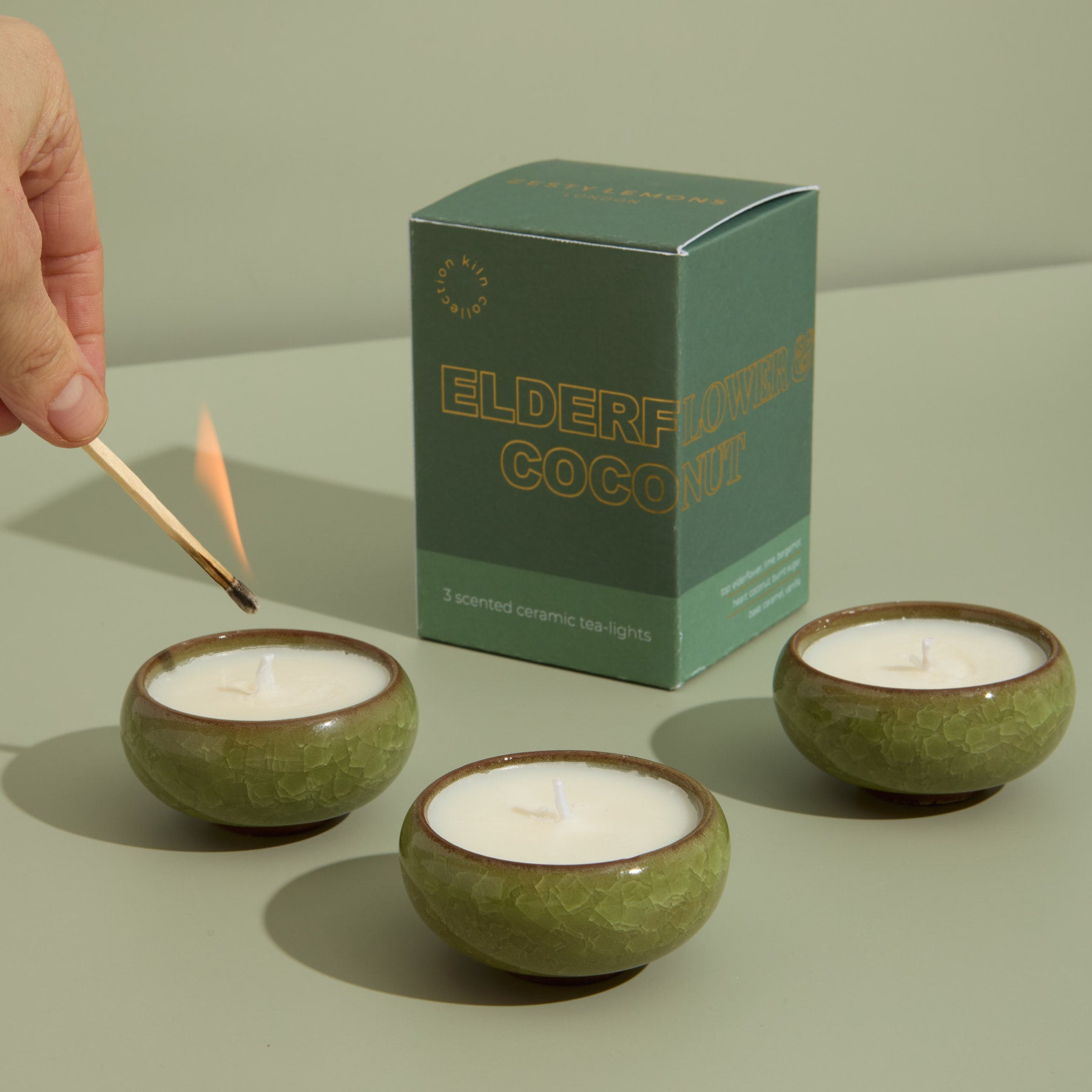 Contemporary Kiln Olive Tea Lights - Elderflower & Coconut